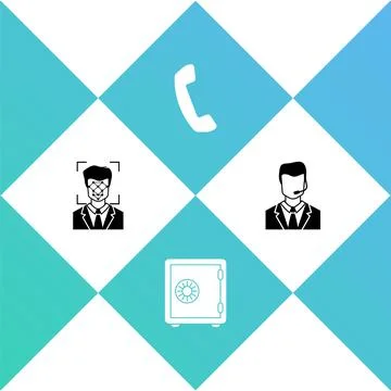 Set Face recognition, Safe, Telephone handset and Man with headset icon. Vector Stock Illustration