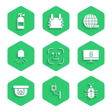 Set Face recognition, Security camera, System bug concept, Lock computer monitor Illustrazione stock