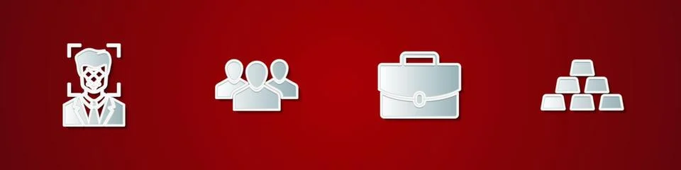 Set Face recognition, Users group, Briefcase and Gold bars icon. Vector Illustrazione stock