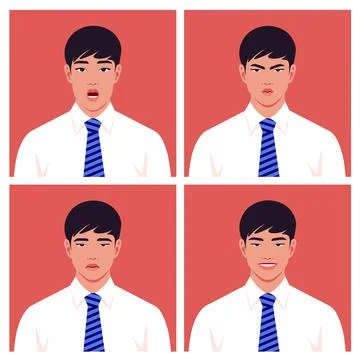 Set of faces of businessmen. Avatars of Asian men. 스톡 일러스트