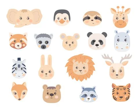 A set of faces of cute animals in red beige colors Stock Illustration