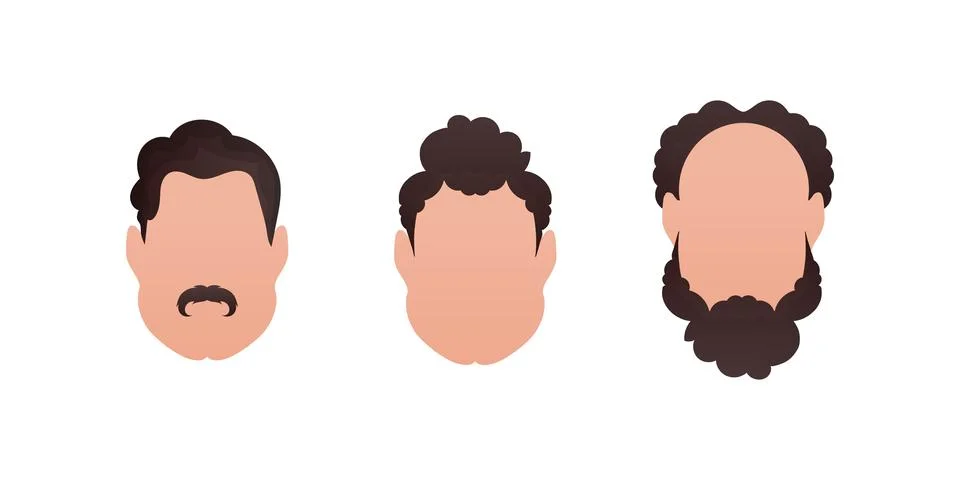 Set Faces of men with different styles of haircuts. Isolated. Vector. Stock Illustration