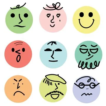 Set of faces with various emotions, abstract hand drawn Stock Illustration