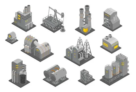 Set factories plant Isometry vector illustration. Oil Industrial production Stock Illustration