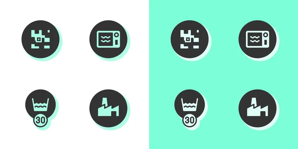 Set Factory production, QR code, Temperature wash and Microwave oven icon Ilustración de archivo