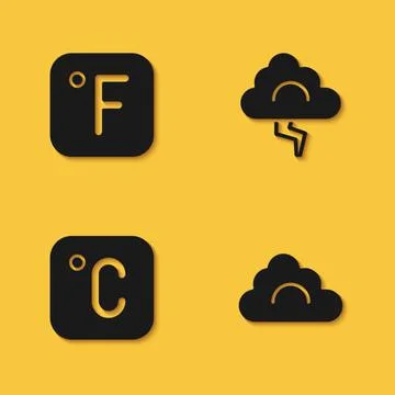 Set Fahrenheit, Cloud, Celsius and and lightning icon with long shadow. Vecto イラスト素材