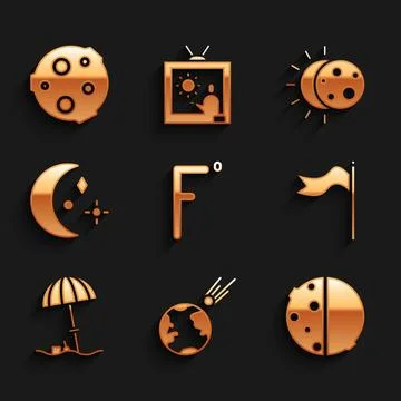 Set Fahrenheit, Comet falling down fast, Eclipse of the sun, Meteorology wi.. Illustrazione stock