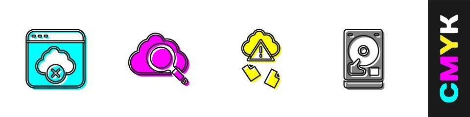 Set Failed access cloud storage, Search computing, Cloud hacking and Hard disk Stock Illustration