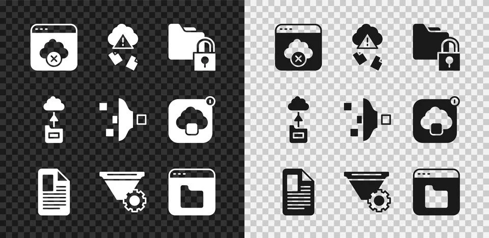 Set Failed access cloud storage, Cloud hacking, Folder and lock, File document Stock Illustration