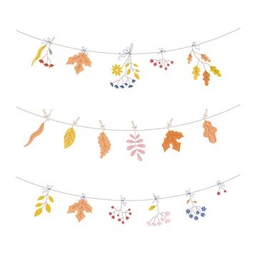 Set with fall leaves, flowers, berries garland. Cute party decoration, autumn Stock Illustration