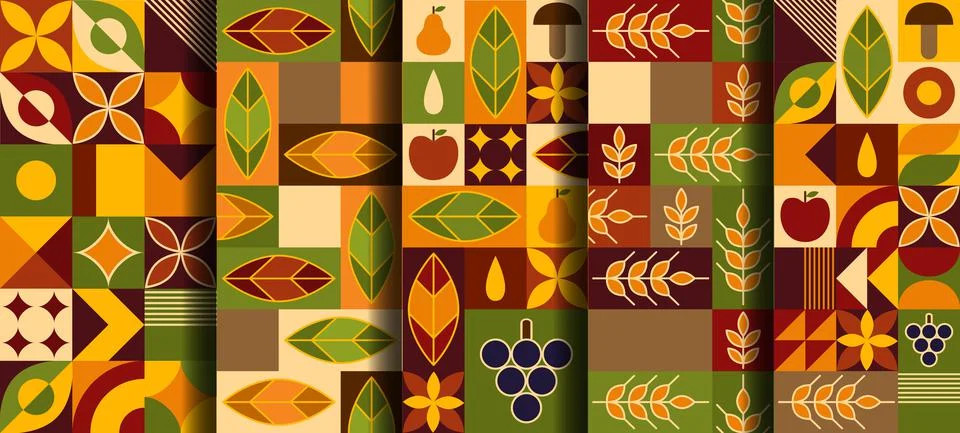 Set of fall patterns in bauhaus geometric style. Illustrazione stock