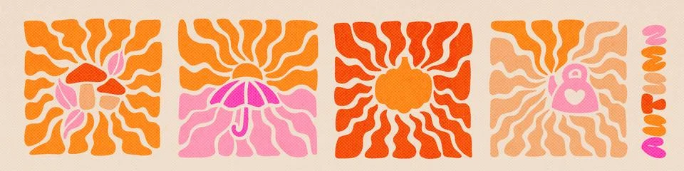 Set of fall season elements with wavy sun rays backgrounds in warm retro autumn 스톡 일러스트