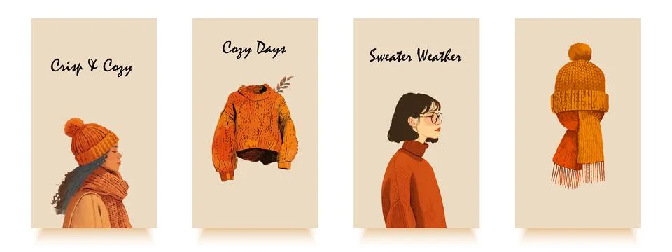 A set fall stylish posters in warm orange shades with a variety of girls in warm Stock Illustration