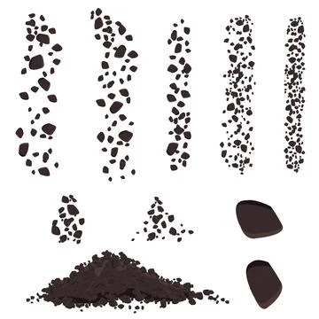 Set of falling brown stones or soil with big pile isolated on white. Stock Illustration