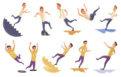 Set of falling man. Falling down people because of stumbling, slipping, accident Stock Illustration