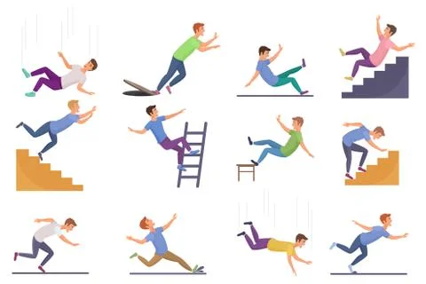 Set of falling man isolated. Falling from chair accident, falling down stairs Stock Illustration