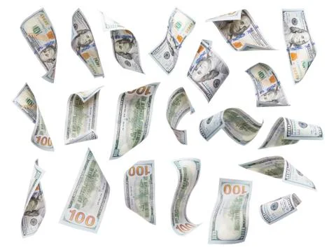 Set of Falling or Floating $100 Bills Each Isolated Foto stock