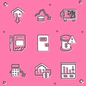 Set Falling property prices, Dollar rate decrease, Safe, Contract money and pen 库存插图