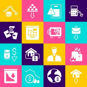 Set Falling property prices, Fire burning house, Briefcase, Global economic Illustrazione stock