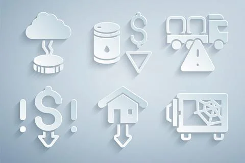 Set Falling property prices, Stop delivery cargo truck, Dollar rate decrease Stock Illustration