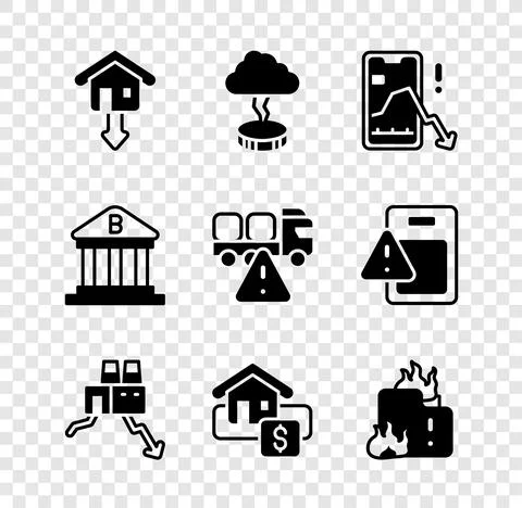 Set Falling property prices, Storm, Mobile stock trading, Shutdown of factory Illustrazione stock