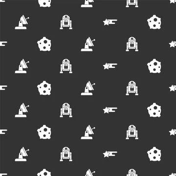 Set Falling star, Asteroid, Satellite dish and Robot on seamless pattern. Vec Illustrazione stock