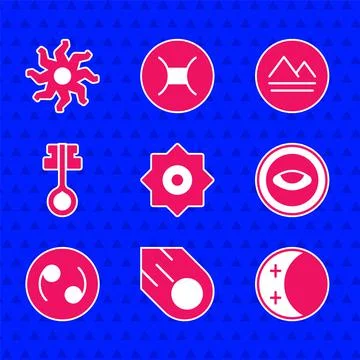 Set Falling star, Comet, Eclipse of the sun, Medallion with eye, Cancer zodiac Stock Illustration