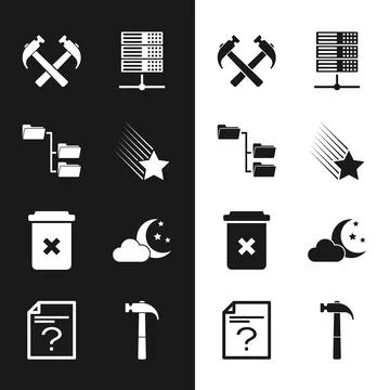 Set Falling star, Folder tree, Two crossed hammers, Server, Data, Web Hosting Stock Illustration
