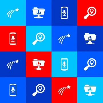 Set Falling star, FTP folder download, Mobile recording and Search location icon Stock Illustration