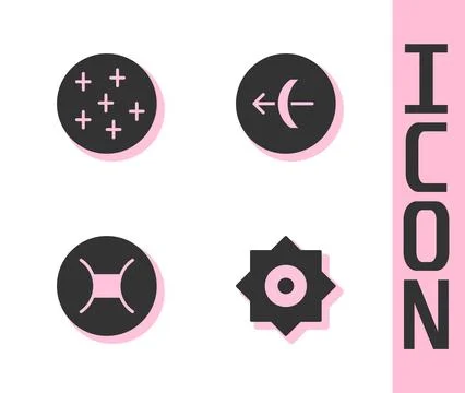 Set Falling star, Full moon, Gemini zodiac and Sagittarius icon. Vector Ilustração Stock