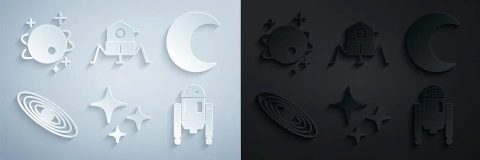 Set Falling star, Moon and stars, Planet, Robot, Mars rover and  icon. Vector Ilustração Stock