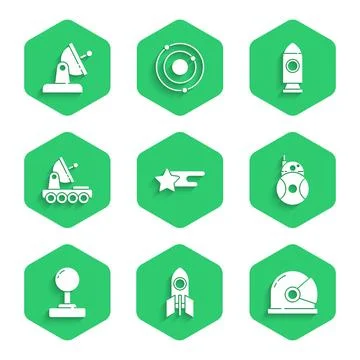 Set Falling star, Rocket ship, Astronaut helmet, Robot, Joystick, Mars rover 库存插图