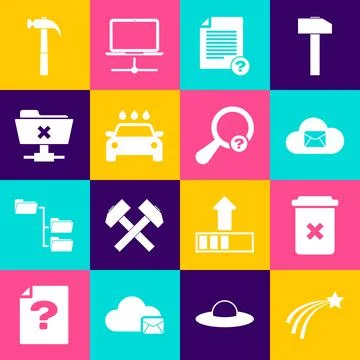 Set Falling star, Trash can, Cloud mail server, Unknown document, Car wash and Stock Illustration
