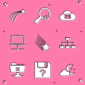 Set Falling star, Unknown search, Cloud mail server, Computer network, and Stock Illustration