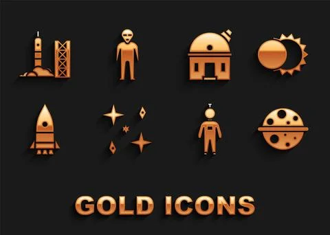 Set Falling stars, Eclipse of the sun, Planet Saturn, Astronaut, Rocket shi.. Illustrazione stock