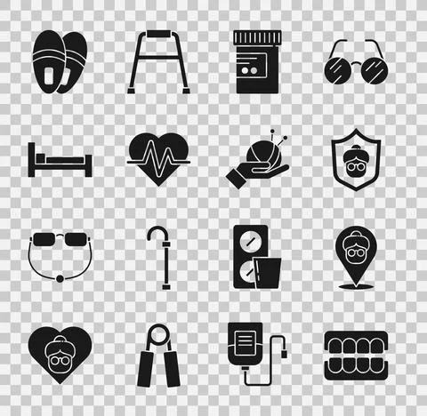 Set False jaw, Nursing home, Grandmother, Medicine bottle pills, Heart rate, Bed Stock Illustration