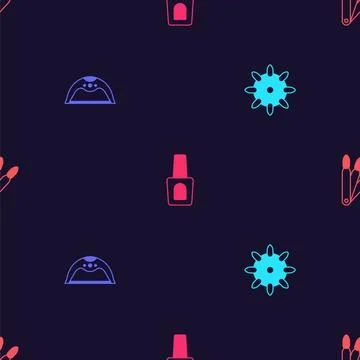 Set False nails, Manicure lamp, Bottle of polish and on seamless pattern. Vector Stock Illustration