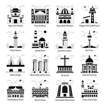 Set of Famous Buildings Solid Icons Stock Illustration