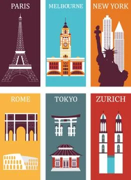 Set of famous cities icons Stock Illustration