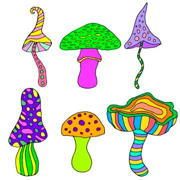 Set of fantastic, psychedelic, decorative mushrooms on a white background. Illustrazione stock