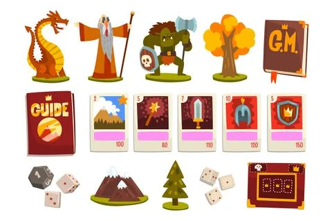 Set of Fantasy Magic Board Game Elements, Figures of Wizard, Dragon, Monster and 스톡 일러스트