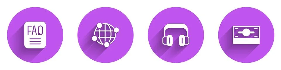 Set FAQ information, Global technology, Headphones and Stacks paper money cash Illustrazione stock