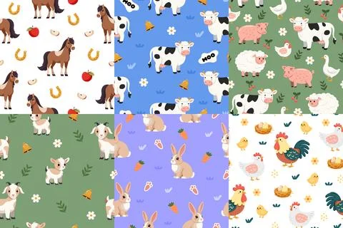Set of Farm Animals Patterns  Cow, Horse, Goat, Chicken Stock Illustration