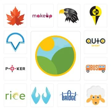 Set of farm, , bridge, two hands, auto shop, v circle icons Free Stock Illustration