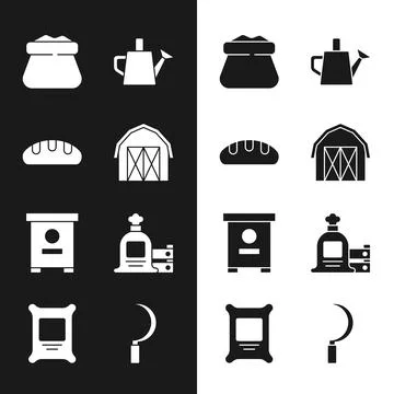 Set Farm house, Bread loaf, Full sack, Watering can, Hive for bees, and wooden Stock Illustration