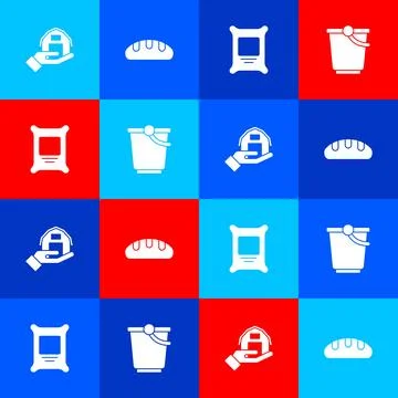 Set Farm house in hand, Bread loaf, Fertilizer bag and Bucket icon. Vector Illustrazione stock
