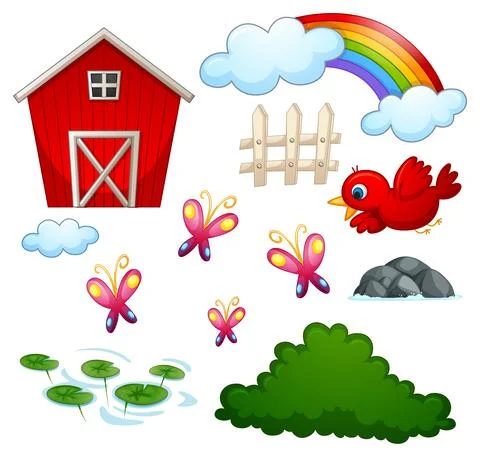 Set of farm objects and elements isolated on white background Illustrazione stock