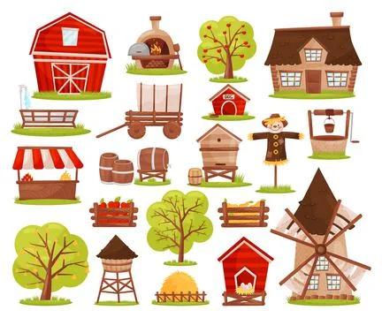 Set of farm objects set. Red barn, farmhouse, scarecrow, well, wooden market Illustrazione stock