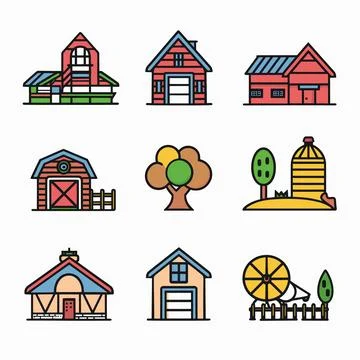 Set farm related vector icons featuring various buildings tree. Brightly colored Stock Illustration
