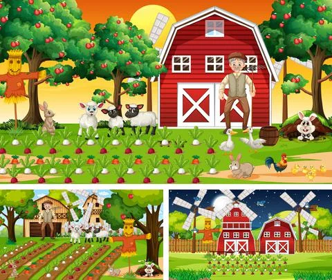 Set of farm scenes at different times Stock Illustration